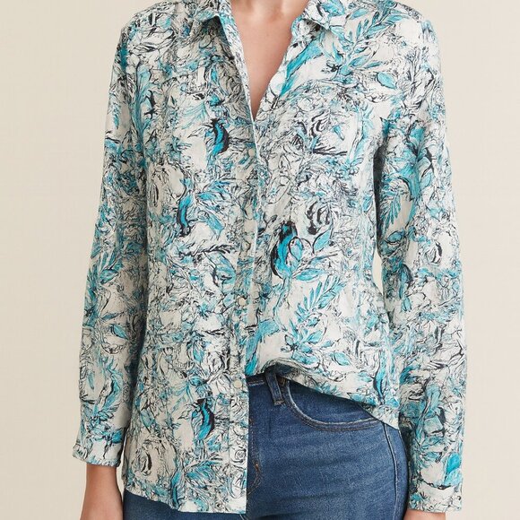 Tahari 100% Linen Tunic Blouse Top Women Blue Floral Button Up Size XL - Picture 1 of 6